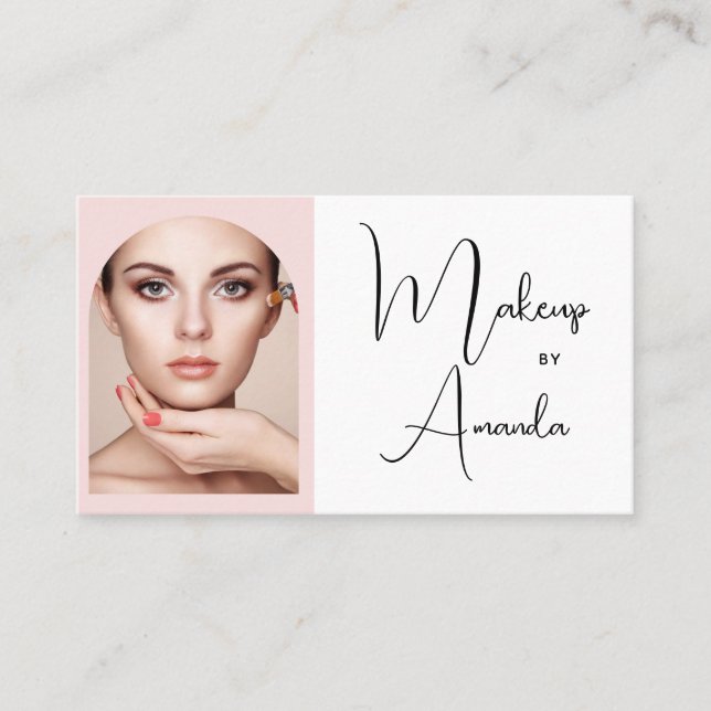 Blush Pink Black Script Photo Makeup Business Card (Front)