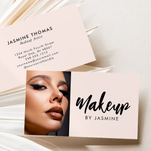 Blush Pink Black Script Photo Makeup Business Card
