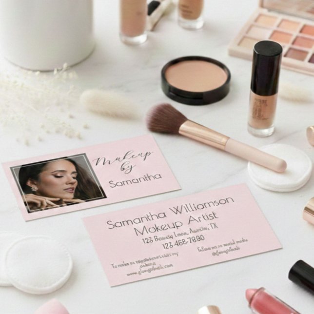 Blush Pink Black Script Photo Makeup Business Card (Creator Uploaded)