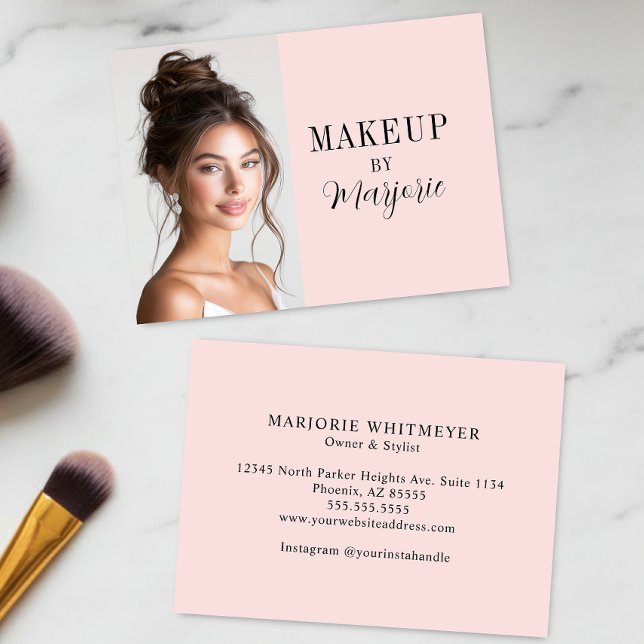 Blush Pink Black Script Photo Makeup Business Card (modern black blush pink script photo makeup business card elegant minimalist simple)