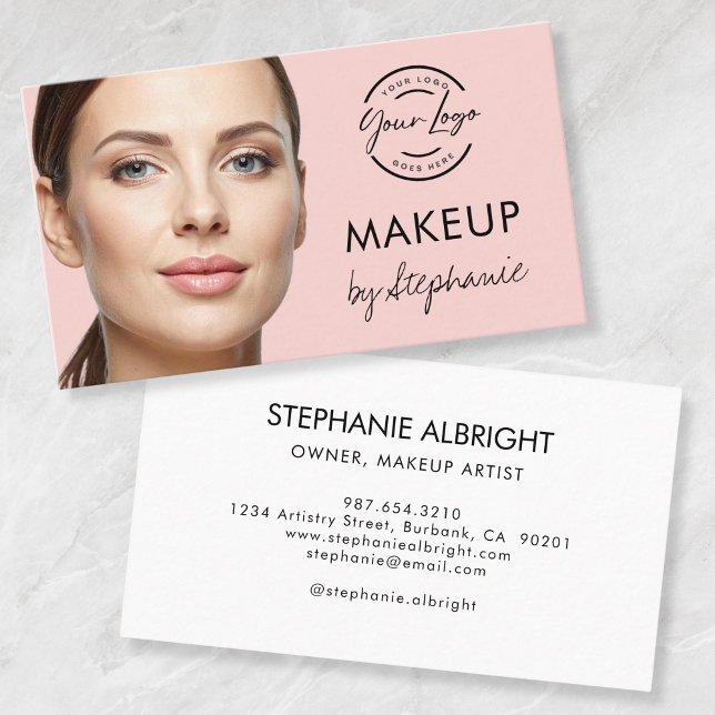 Blush Pink Black Script Photo Makeup Business Card (Creator Uploaded)