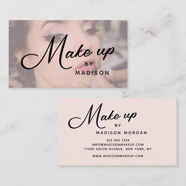 Blush Pink Black Script Photo Makeup Business Card (Creator Uploaded)