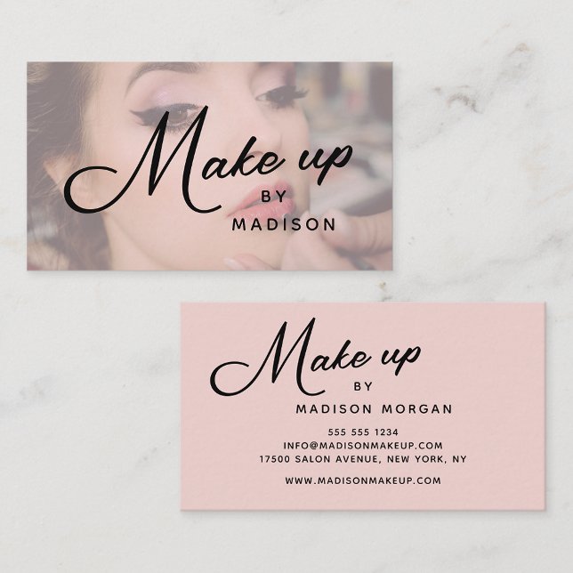 Blush Pink Black Script Photo Makeup Business Card (Creator Uploaded)