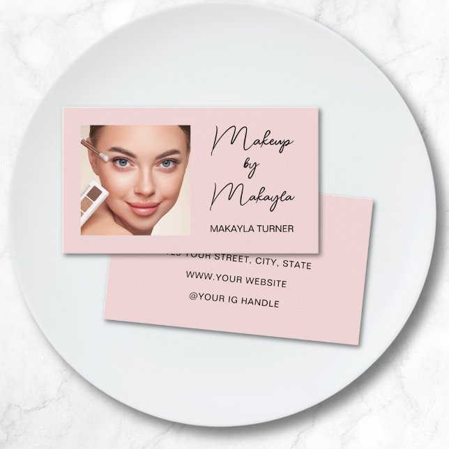 Blush Pink Black Script Photo Makeup Business Card (Creator Uploaded)