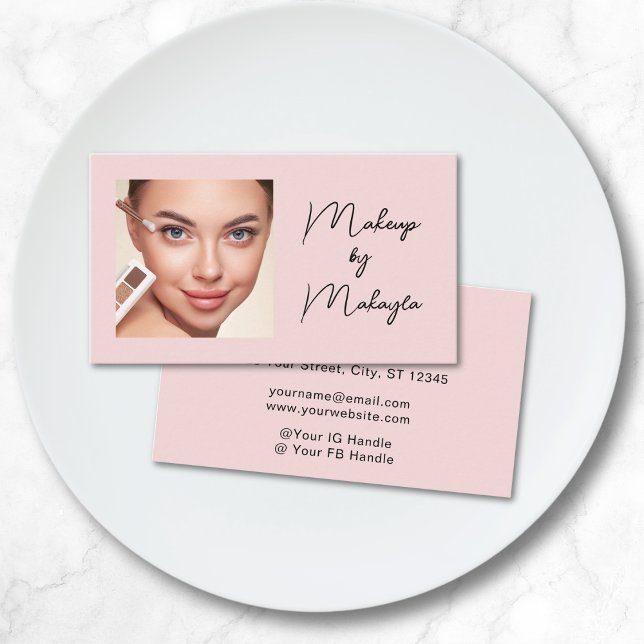 Blush Pink Black Script Photo Makeup Business Card (Creator Uploaded)