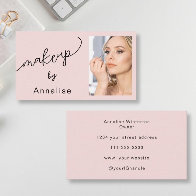 Blush Pink Black Script Photo Makeup Business Card (Creator Uploaded)