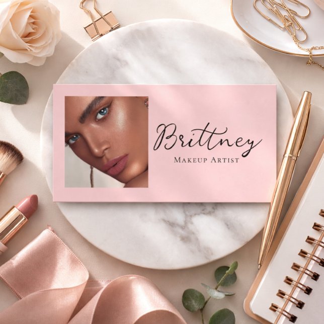 Blush Pink Black Script Photo Makeup Business Card (Creator Uploaded)