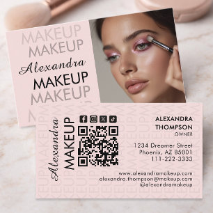 Blush Pink Black Script Photo Makeup Business Card