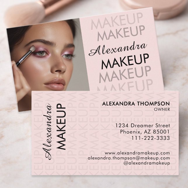 Blush Pink Black Script Photo Makeup  Business Card (Creator Uploaded)
