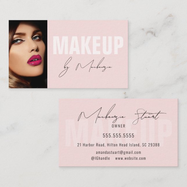 Blush Pink Black Script Photo Makeup Business Card (Front/Back)