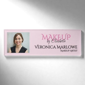 Blush Pink Black Script Photo Makeup Employee Name Tag