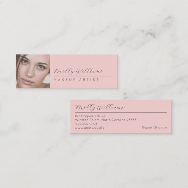 Blush Pink Black Script Photo Makeup Mini Business Card (Front/Back)