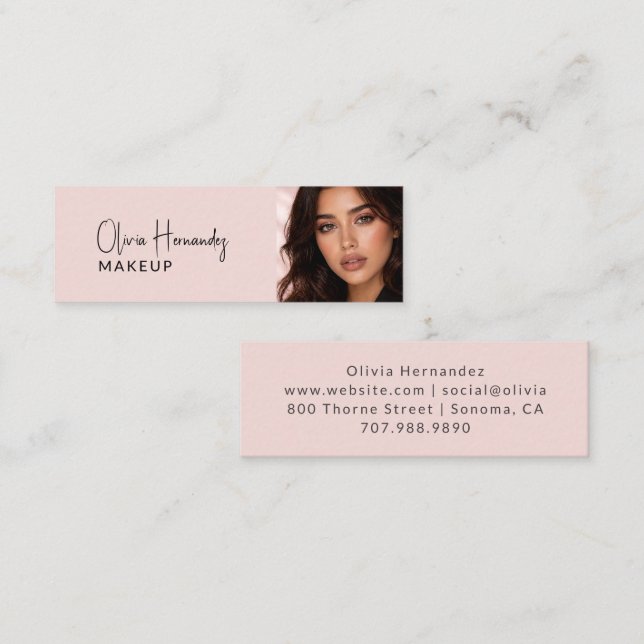 Blush Pink Black Script Photo Makeup Mini Business Card (Front/Back)