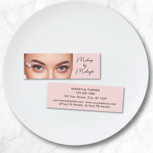 Blush Pink Black Script Photo Makeup  Mini Business Card (Creator Uploaded)