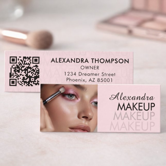 Blush Pink Black Script Photo Makeup  Mini Business Card (Creator Uploaded)