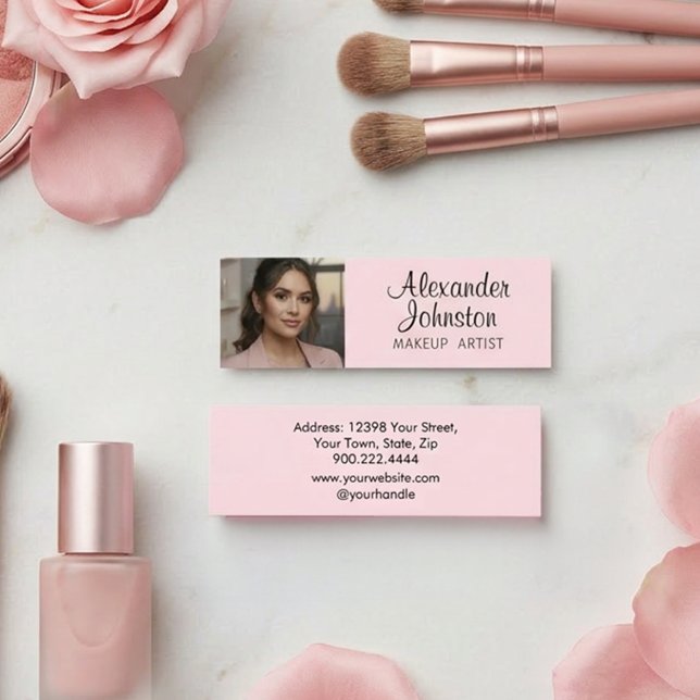 Blush Pink Black Script Photo Makeup MIni Business Card (Blush Pink Black Script Photo Makeup Business Card)