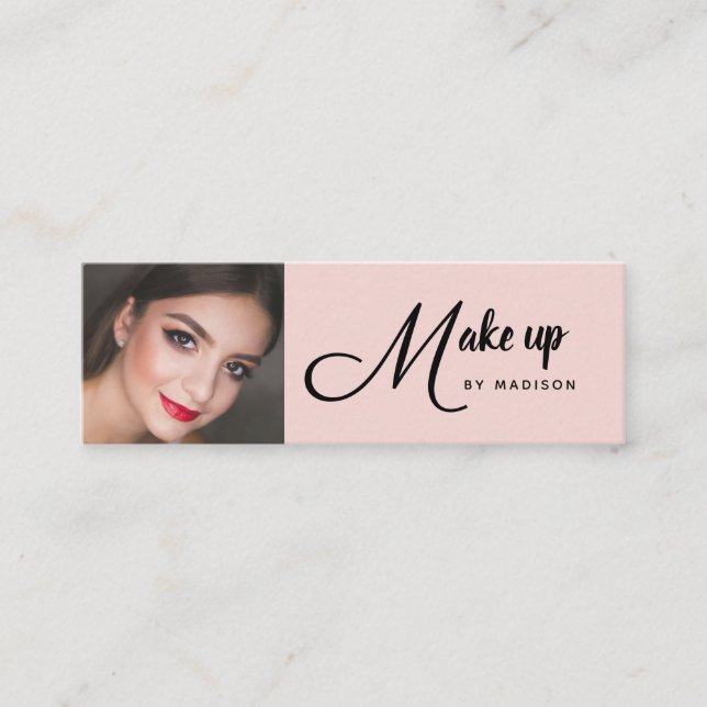Blush Pink Black Script Photo Makeup Mini Business Card (Front)