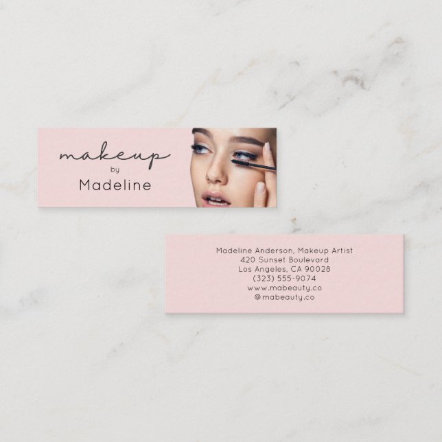 Blush Pink Black Script Photo Makeup Mini Business Card (Front/Back)