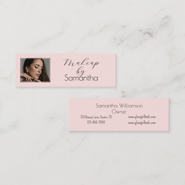 Blush Pink Black Script Photo Makeup Mini Business Card (Front/Back)