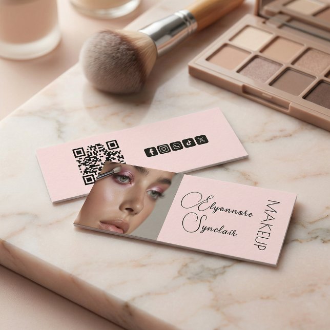 Blush Pink Black Script Photo Makeup QR Social Mini Business Card (Creator Uploaded)