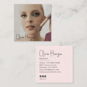 Blush Pink Black Script Photo Makeup Square Business Card