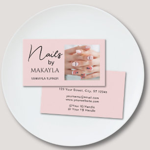 Blush Pink Black Script Photo Nail Artist Business Card