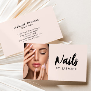 Blush Pink Black Script Photo Nail Specialist Business Card