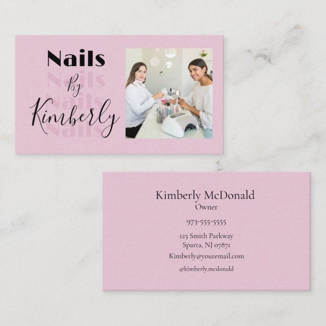 Blush Pink Black Script Photo Nails Business Card (Front/Back)