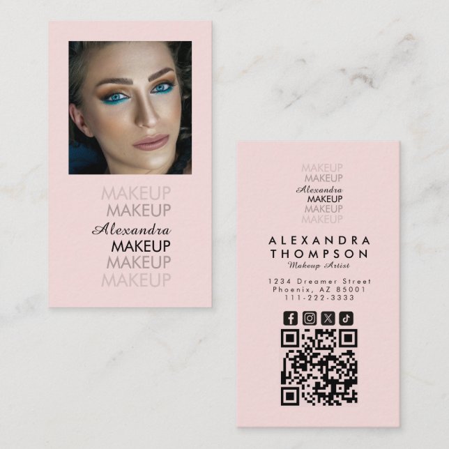 Blush Pink Black Script Photo Qr Code Makeup  Business Card (Front/Back)