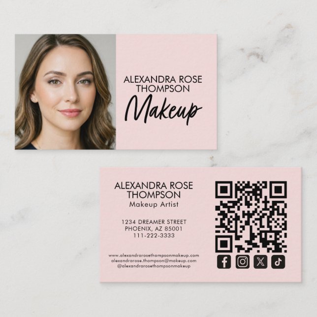 Blush Pink Black Script Qr Code Social Icon Makeup Business Card (Front/Back)