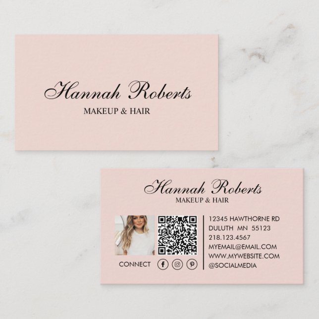 Blush Pink Black Script Social QR Code Hair Makeup Business Card (Front/Back)
