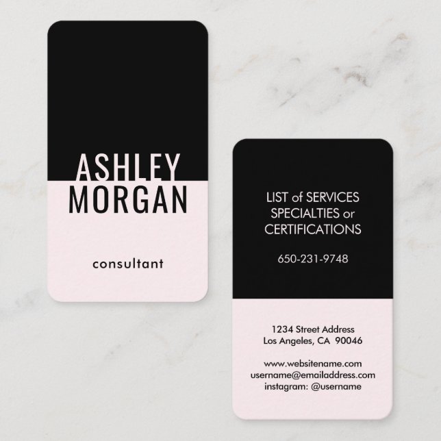 Blush Pink Black Simple Modern Minimalist Vertical Business Card (Front/Back)