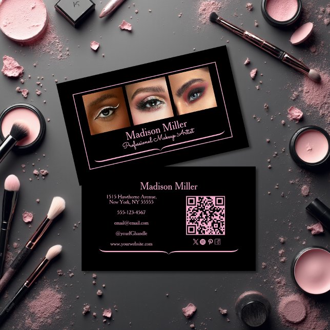Blush Pink Black Social Icon QR Code Photo Makeup Business Card (Creator Uploaded)