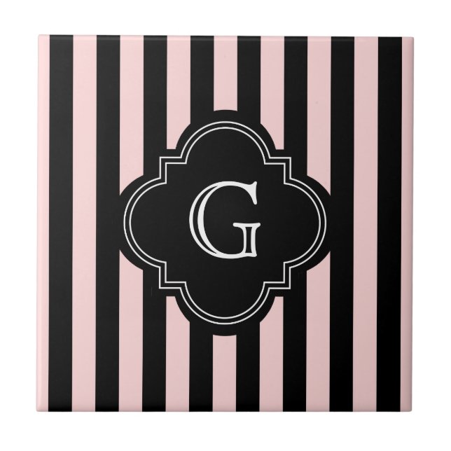 Blush Pink, Black Stripe Pattern Monogram Ceramic Tile (Front)
