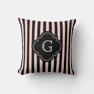 Blush Pink, Black Stripe Pattern Monogram Cushion