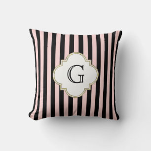 Blush Pink, Black Stripe White Monogram Label Cushion