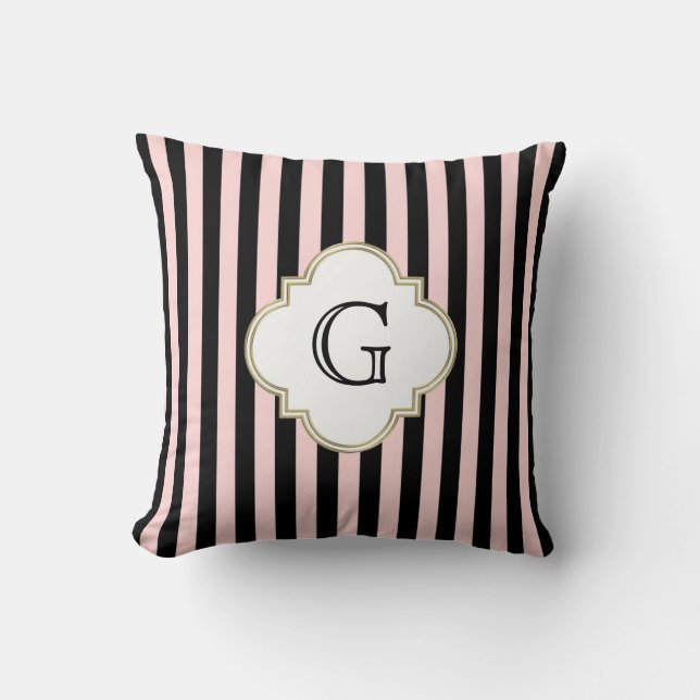 Blush Pink, Black Stripe White Monogram Label Cushion (Front)