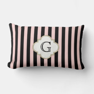 Blush Pink, Black Stripe White Monogram Label Lumbar Cushion