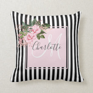 Blush pink black stripes floral monogram  cushion