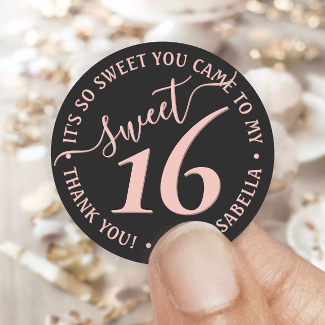 Blush Pink Black Sweet 16th Birthday Party Favour Classic Round Sticker (Creator Uploaded)