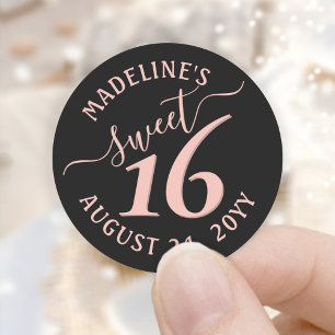 Blush Pink Black Sweet 16th Birthday Party Favour Classic Round Sticker