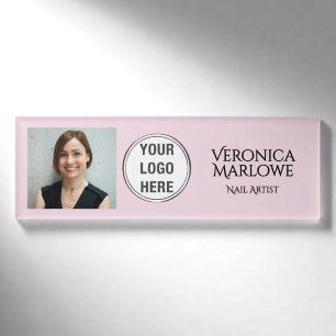 Blush Pink Black Typography Logo Photo Nail Salon  Name Tag