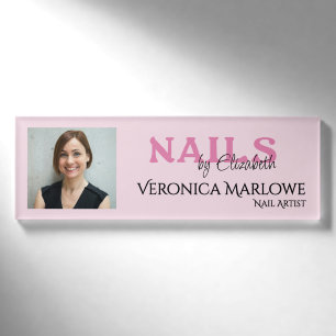 Blush Pink Black Typography Photo Nail Salon  Name Tag