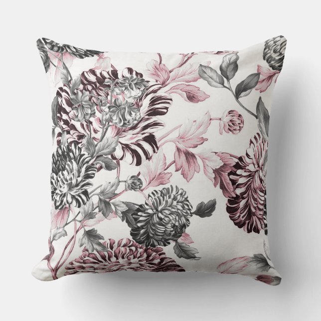 Blush Pink Black White Botanical Floral Toile Cushion (Front)