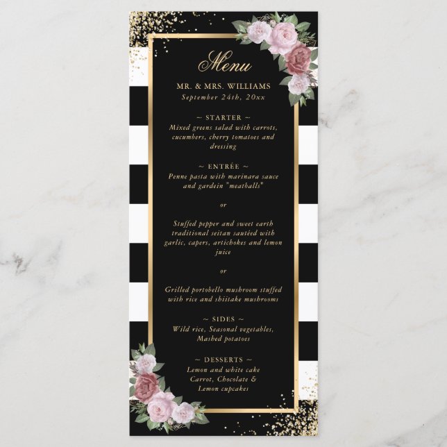 Blush Pink Black White Gold Floral Wedding Menu (Front)