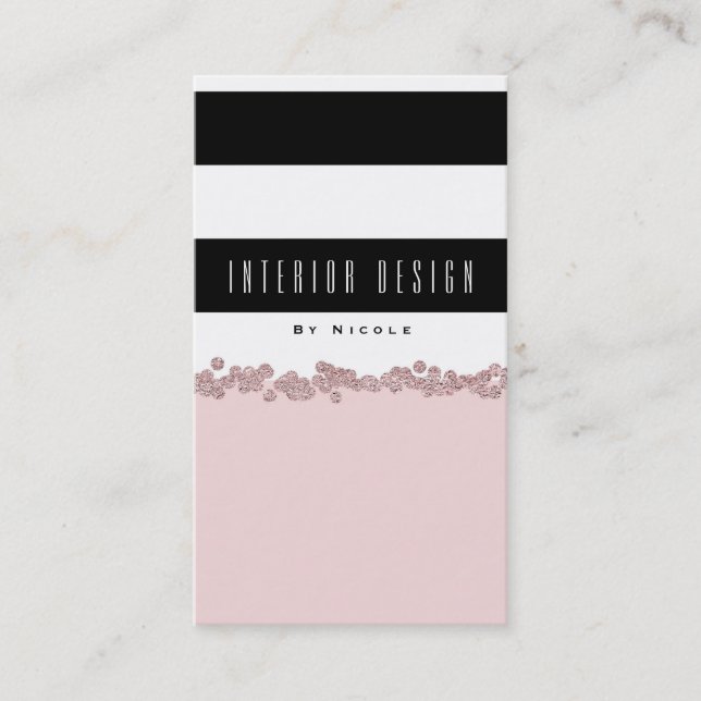 Blush Pink Black & White Stripe Rose Gold Glam Business Card (Front)