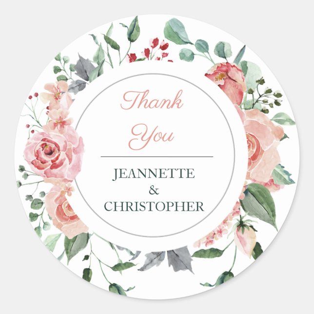 Blush Pink Bloom Romantic Wedding Thank You Classi Classic Round Sticker (Front)