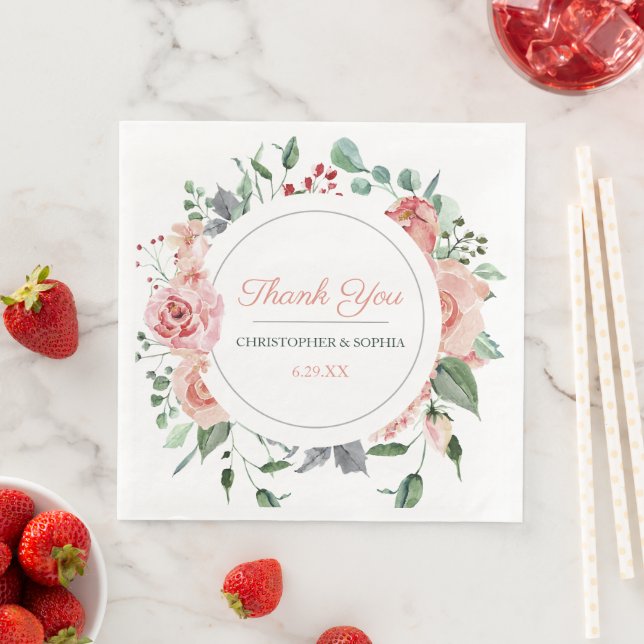 Blush Pink Bloom Romantic Wedding Thank You Napkin (Insitu)