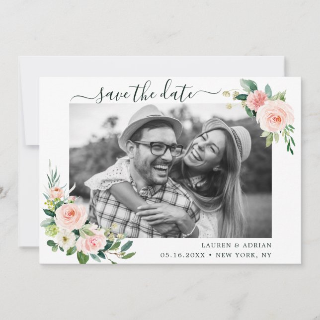 Blush Pink Bloom Save The Date Photo Card (Front)