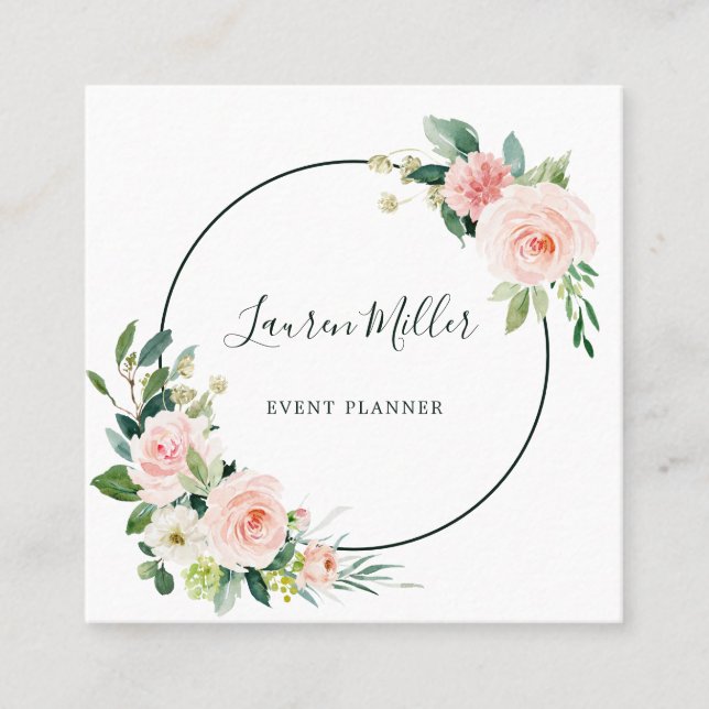 Blush Pink Bloom Watercolor Floral Square Business Card (Front)